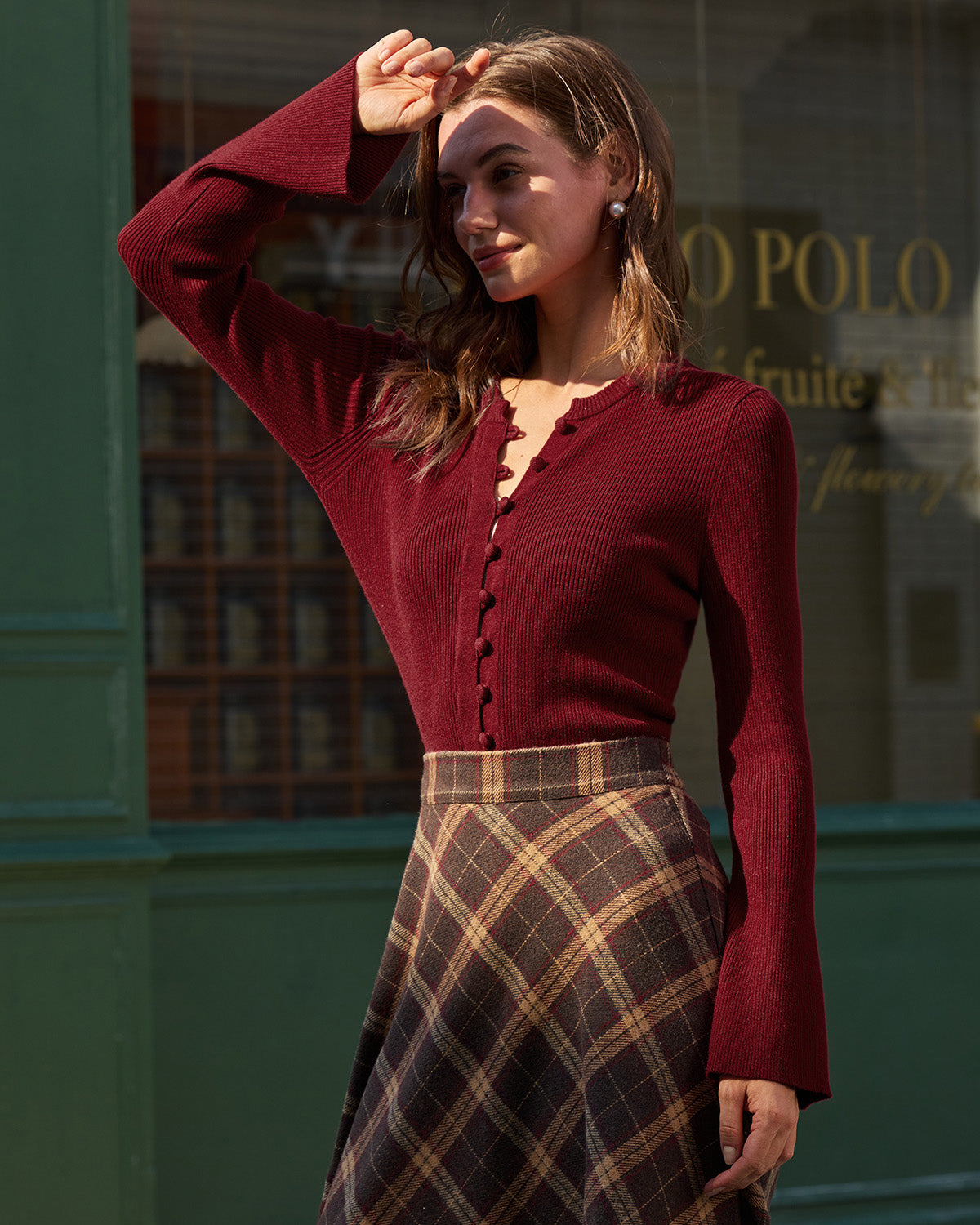 Kvinnor Stickad Topp Med Trumpetärmar, Ribbad Struktur Och Knappdetalj