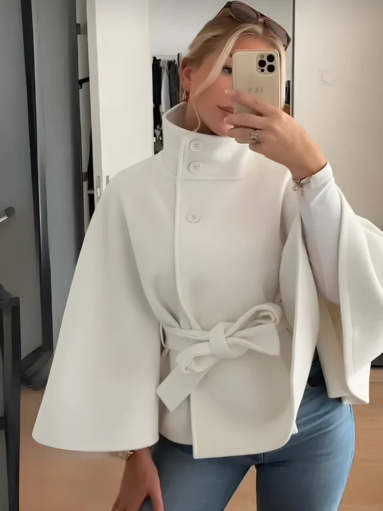 Kappa med Cape för Dam – Hög Krage, Midjebälte, Vida Ärm